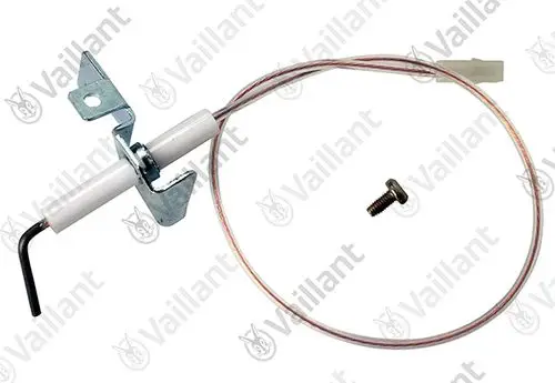 Vaillant Elektrode mit Halterung, Draht und Schraube, zur Überwachung von Heizsystemen, mit metallischen und isolierenden Komponenten.